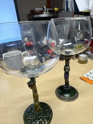 Rhinestone Jeweled Wine Glass Goblet Bronze Enamel Stem. X2 - Image 1
