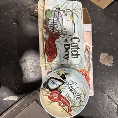 Lobster Certified International Fisherman Catch Kate McRostie Platter&Bowl New - Image 1