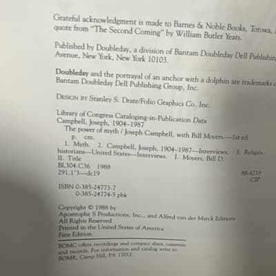 The Power of Myth Joseph Campbell stated first edition 1988 Very Good Condition - Thumbnail 2