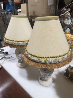 Asian Vintage Decorated Glass Lamp 12” Beige/Crème Colored, Tree, Bird ,Pair - Thumbnail 5