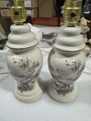 Asian Vintage Decorated Glass Lamp 12” Beige/Crème Colored, Tree, Bird ,Pair - Thumbnail 2
