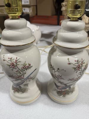 Asian Vintage Decorated Glass Lamp 12” Beige/Crème Colored, Tree, Bird ,Pair - Image 1