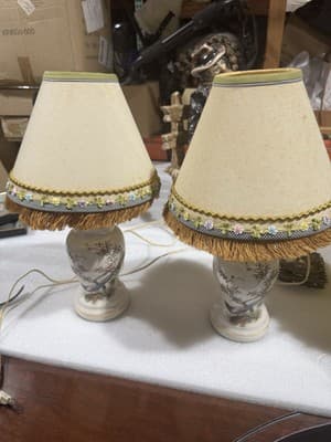 Asian Vintage Decorated Glass Lamp 12” Beige/Crème Colored, Tree, Bird ,Pair - Thumbnail 4