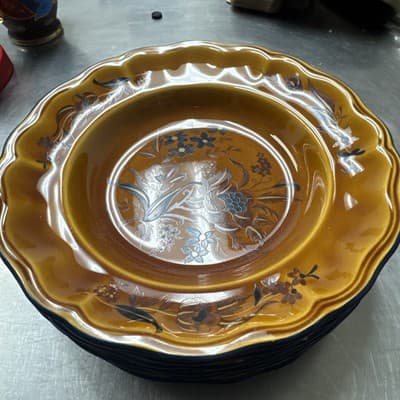 Luneville Faience de France Louis XV Honey Brown Blue Rim Plates Soup 9.5”, 7 Pl - Image 1