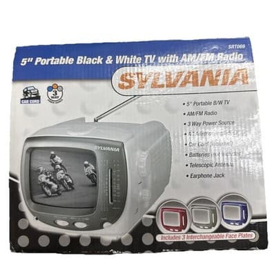 Sylvania 5" Portable Black & White TV AM/FM Radio 3 Way Power Source SRT 069 NIB - Thumbnail 2