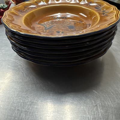 Luneville Faience de France Louis XV Honey Brown Blue Rim Plates Soup 9.5”, 7 Pl - Thumbnail 2