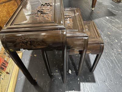 Vintage Engraved Nesting Tables Oriental Rose Wood Beautiful - Thumbnail 2