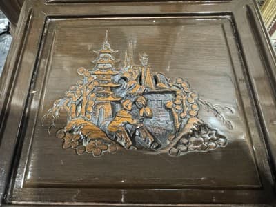 Vintage Engraved Nesting Tables Oriental Rose Wood Beautiful - Thumbnail 9