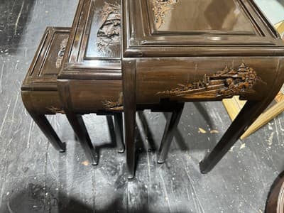 Vintage Engraved Nesting Tables Oriental Rose Wood Beautiful - Thumbnail 3