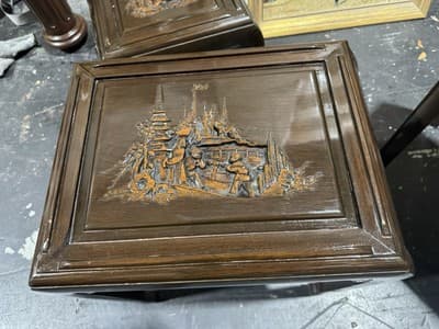 Vintage Engraved Nesting Tables Oriental Rose Wood Beautiful - Thumbnail 10