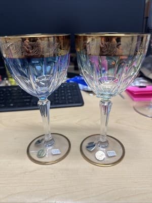 7”Vintage Clear Crystal Cut 24K Gold Design Band Vine Glass Goblet Italy X2 - Thumbnail 5