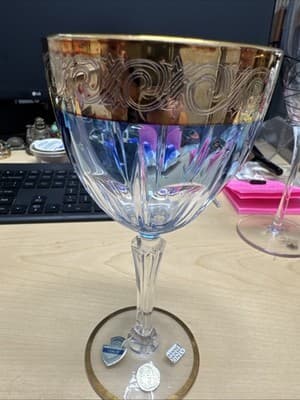 7”Vintage Clear Crystal Cut 24K Gold Design Band Vine Glass Goblet Italy X2 - Image 1