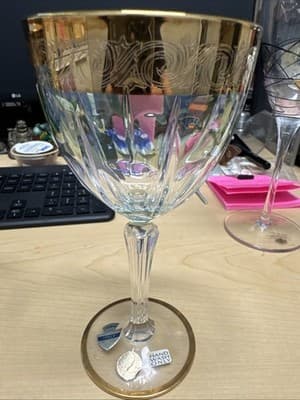 7”Vintage Clear Crystal Cut 24K Gold Design Band Vine Glass Goblet Italy X2 - Thumbnail 2