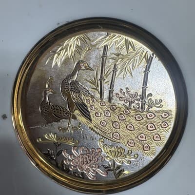 Japanese Chokin 24K gold trim Engraved Art Peacocks Guilded in silver & gold - Thumbnail 2