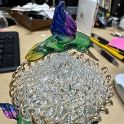 Blown Glass Humming Birds & Flowers Figurine LED Illuminated W/ Deffects-Read - Thumbnail 3