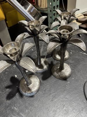 Brass Palm Tree Candlesticks Set Of 4 Made In India Heavy Hollywood Regency - Thumbnail 3