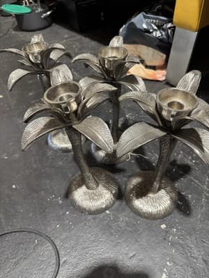 Brass Palm Tree Candlesticks Set Of 4 Made In India Heavy Hollywood Regency - Thumbnail 2