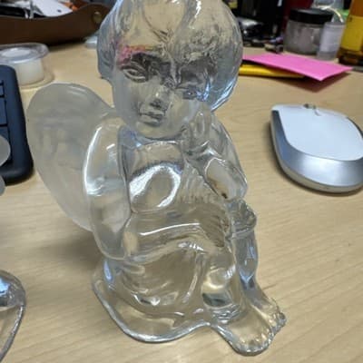 Vintage RARE Heavy Cut Glass Cupid Cherub Angel Taper Candlestick Holders Two - Thumbnail 3