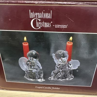 Vintage RARE Heavy Cut Glass Cupid Cherub Angel Taper Candlestick Holders Two - Thumbnail 4
