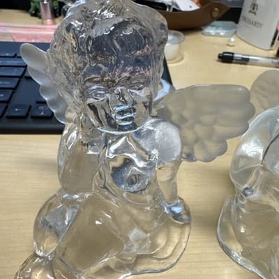 Vintage RARE Heavy Cut Glass Cupid Cherub Angel Taper Candlestick Holders Two - Thumbnail 2
