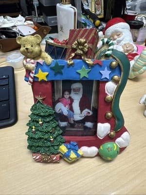 Christmas Holiday Photo Frame Santa Claus With Teddy Bear Ceramic - Image 1