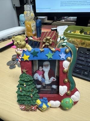 Christmas Holiday Photo Frame Santa Claus With Teddy Bear Ceramic - Thumbnail 2