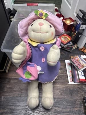 VINTAGE STANDING MISS BUNNY 25" FLOPPY EAR DECOR PINK DRESS & PURSE FIGURE New - Image 1