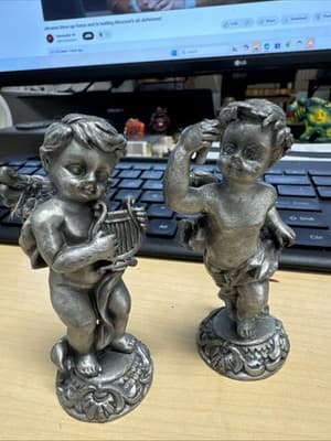 2 Vintage 1980's SUN, 3 1/2" Tall Pewter Cherub Angels - Thumbnail 2