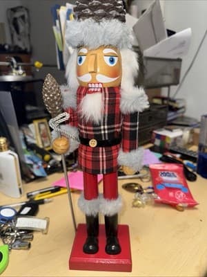 Holiday Nutcracker Pine Cone Wooden Man Plaid Suit 14" Tall - NWT - Image 1
