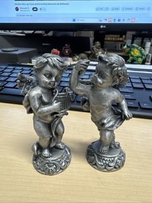 2 Vintage 1980's SUN, 3 1/2" Tall Pewter Cherub Angels - Image 1