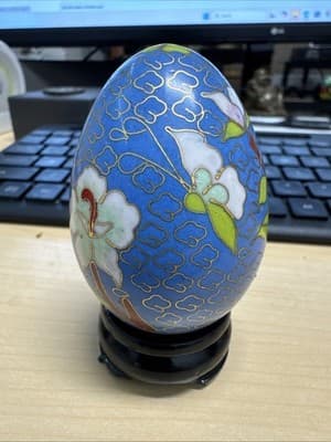 Vintage Cloisonne Enamel and Bronze Teal Blue Decorative "Easter" Egg 2.25" Tall - Thumbnail 2