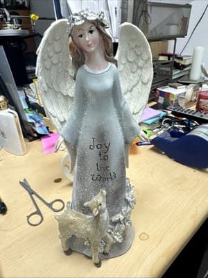 Silver ANGEL & DEER Figurine 10" High, NEW, Joy to the World - Image 1