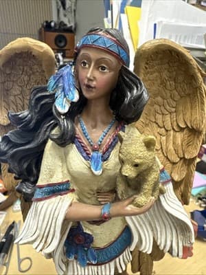Native American Woman with Wolf Figurine Resin Art Goldenvale Collections 14” - Thumbnail 2