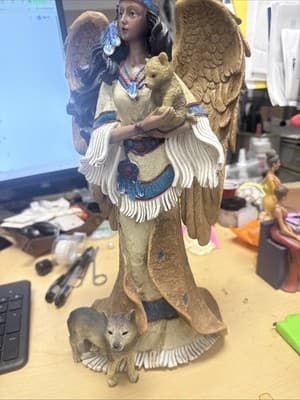 Native American Woman with Wolf Figurine Resin Art Goldenvale Collections 14” - Thumbnail 4