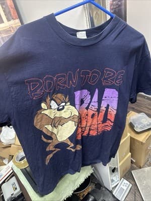 Vintage 1998 WB licensed TAZ "Born to be Bad" navy blue tee marked one size - Image 1