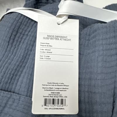 Boll & Branch Waffle Knit Organic Cotton Men's Robe Mineral Blue Grey Size XL - Thumbnail 3