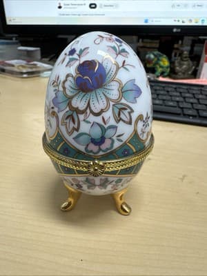 Egg Shaped Porcelain Multi Color Flower Floral Hinged Footed Trinket Box 4” - Image 1