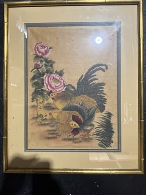 Chinese Painting Framed Wall Art Rooster Peony Floral Scene Asian Decor 26x 21” - Thumbnail 2