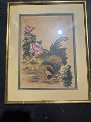 Chinese Painting Framed Wall Art Rooster Peony Floral Scene Asian Decor 26x 21” - Image 1