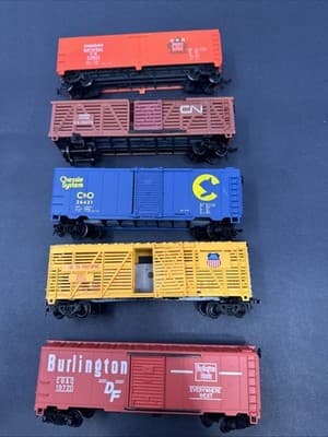 Vintage TYCO Burlington 19720 Box Car + TYCO Log Dump Car+4 More New - Image 1