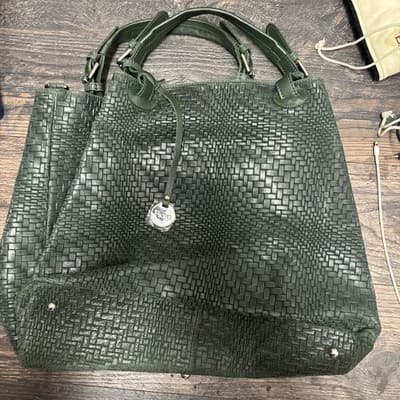 Fiore Dark Green Leather Woven Large Tote Handbag New - Image 1