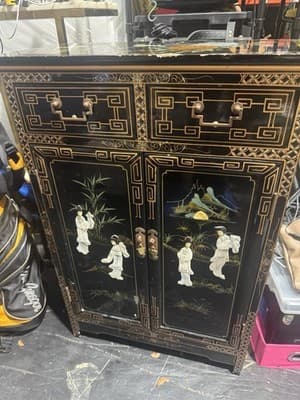 Elegant Chinese Chinoiserie Black Lacquer & Mother of Pearl Cabinet 3x2x1 Ft - Image 1