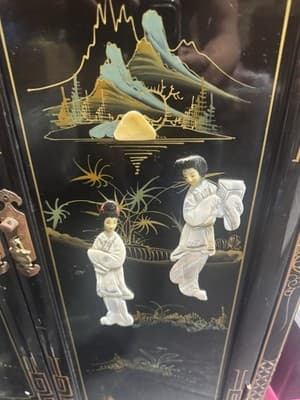 Elegant Chinese Chinoiserie Black Lacquer & Mother of Pearl Cabinet 3x2x1 Ft - Thumbnail 4