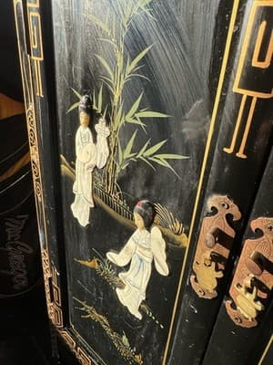 Elegant Chinese Chinoiserie Black Lacquer & Mother of Pearl Cabinet 3x2x1 Ft - Thumbnail 12