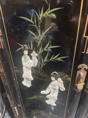 Elegant Chinese Chinoiserie Black Lacquer & Mother of Pearl Cabinet 3x2x1 Ft - Thumbnail 3