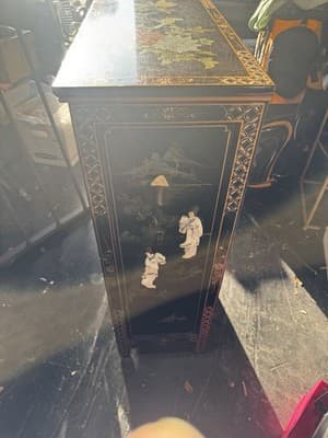 Elegant Chinese Chinoiserie Black Lacquer & Mother of Pearl Cabinet 3x2x1 Ft - Thumbnail 14