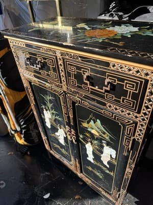 Elegant Chinese Chinoiserie Black Lacquer & Mother of Pearl Cabinet 3x2x1 Ft - Thumbnail 8