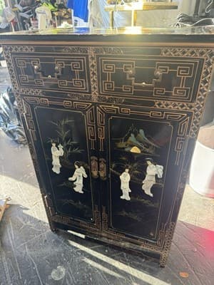 Elegant Chinese Chinoiserie Black Lacquer & Mother of Pearl Cabinet 3x2x1 Ft - Thumbnail 16
