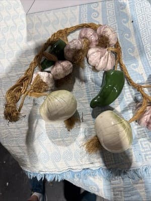 Vintage Ceramic Glazed Onions Paper & Garlic Braided Hanging Jute Rope - Image 1