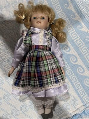 Porcelain Doll Blonde Hair Dress Collectible Display Decor - Image 1